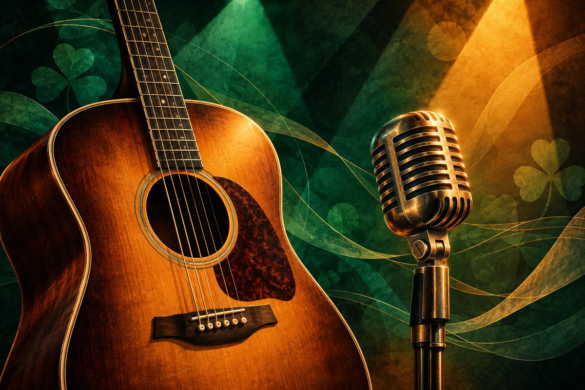 Illustrated acoustic guitar and vintage microphone against green and amber stage lighting with shamrocks, for a Nathan Carter concert preview.